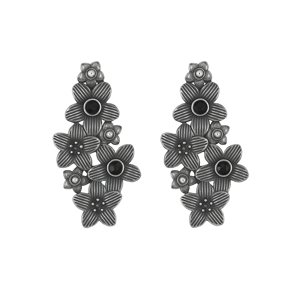 Vintage Style Multi-Flower Design with Black Stone Drop Earrings