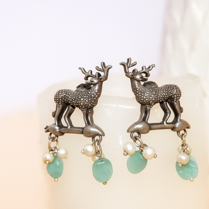 Vintage Style Deer Drop Earrings, Oxidised Silver with Pearl and Beads