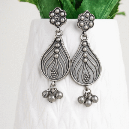Antique Silver Floral Drop Earrings, Floral Design with Dangling Beads, Traditional Indian Style, Oxidised Metal