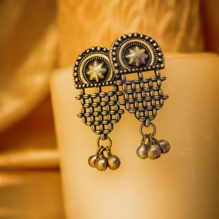 Vintage Style Oxidised Silver Star Drop Earrings, Lattice Design with Bells, Traditional Ethnic for women and girls